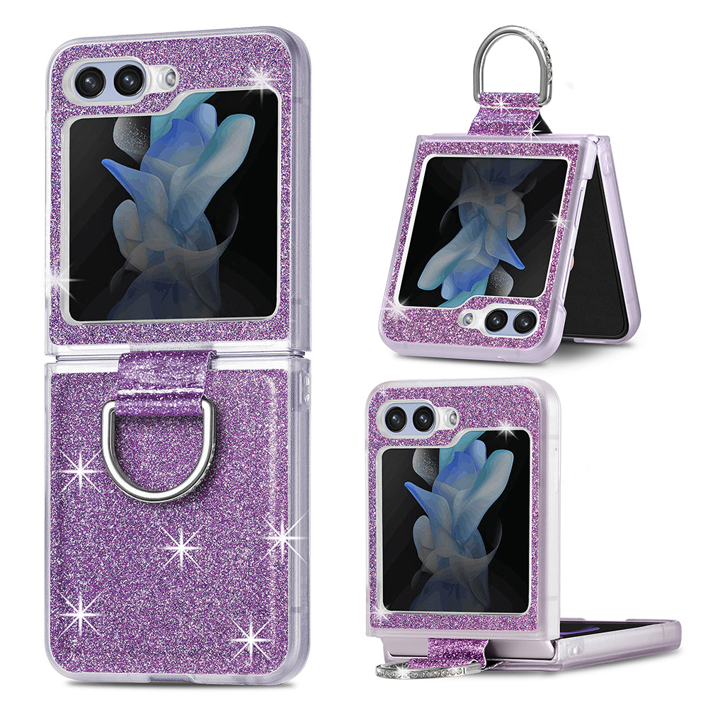 For Samsung Galaxy Z Flip5 5G Glitter Phone Case PU Leather Coated PC Cover with Rhinestone Decor Finger Ring For Samsung Galaxy Z Flip5 5G Glitter Phone Case PU Leather Coated PC Cover with Rhinestone Decor Finger Ring